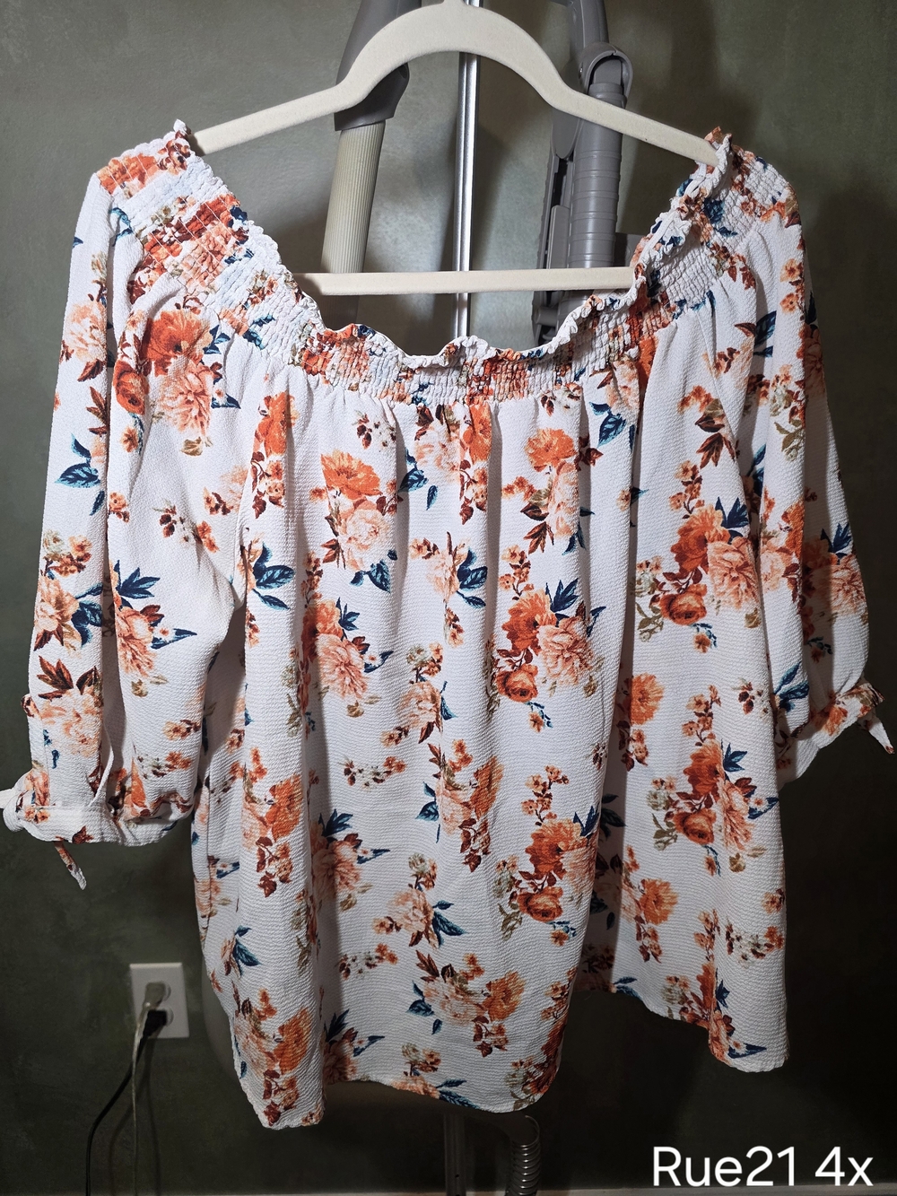 Rue21 White Off-Shoulder Floral Tunic with Orange and Teal Accents